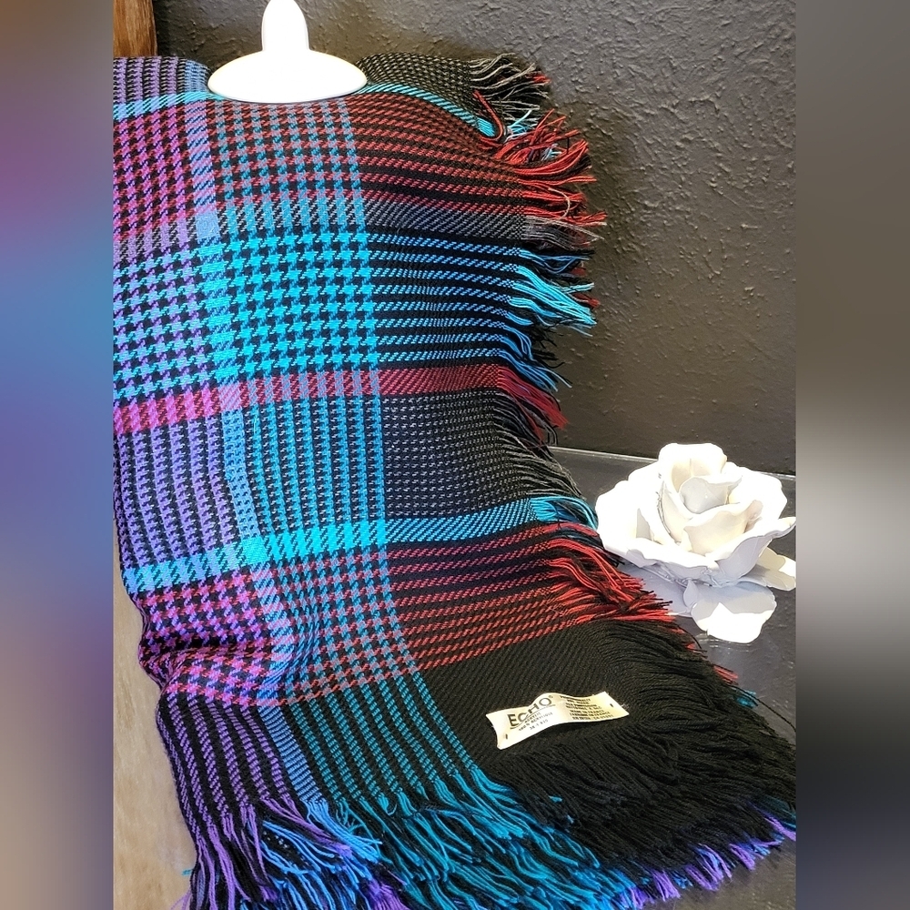 Echo Acryllic Knit Fringed Shawl Made In France Blue/Pink/Black Plaid